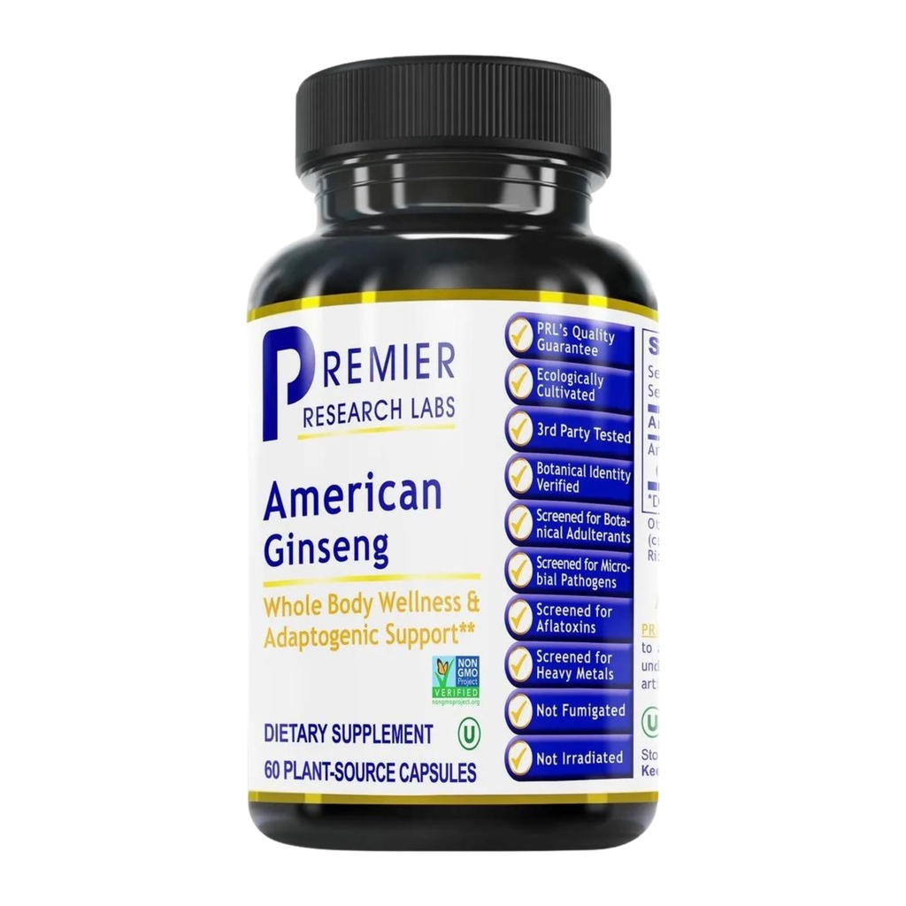 Premier Research Labs American Ginseng Supplement - Capsules de ginseng américaines, Pilules de racines de ginseng à base de plantes, Extrait d'herbe de ginseng nord-américain, Supplément énergie calmant - 60 Capsules à base de plantes