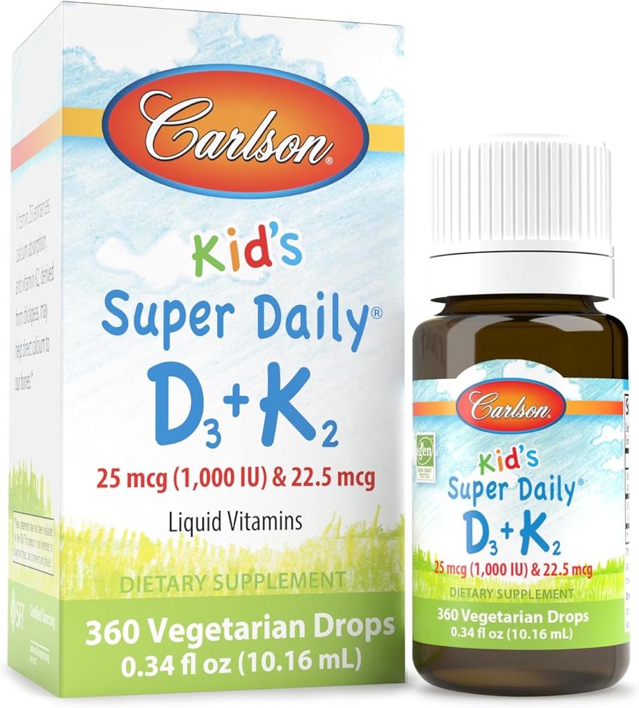 Carlson - Kid's Super Daily D3+K2, 25 mcg (1 000 UI) D3 & 22,5 mcg K2, Vitamine D gouttes avec vitamine K2, Vitamines liquides, 1000 UI Vitamine D3, Santé du coeur et des os, 1 an d'approvisionnement, non aromatisé, 360 gouttes