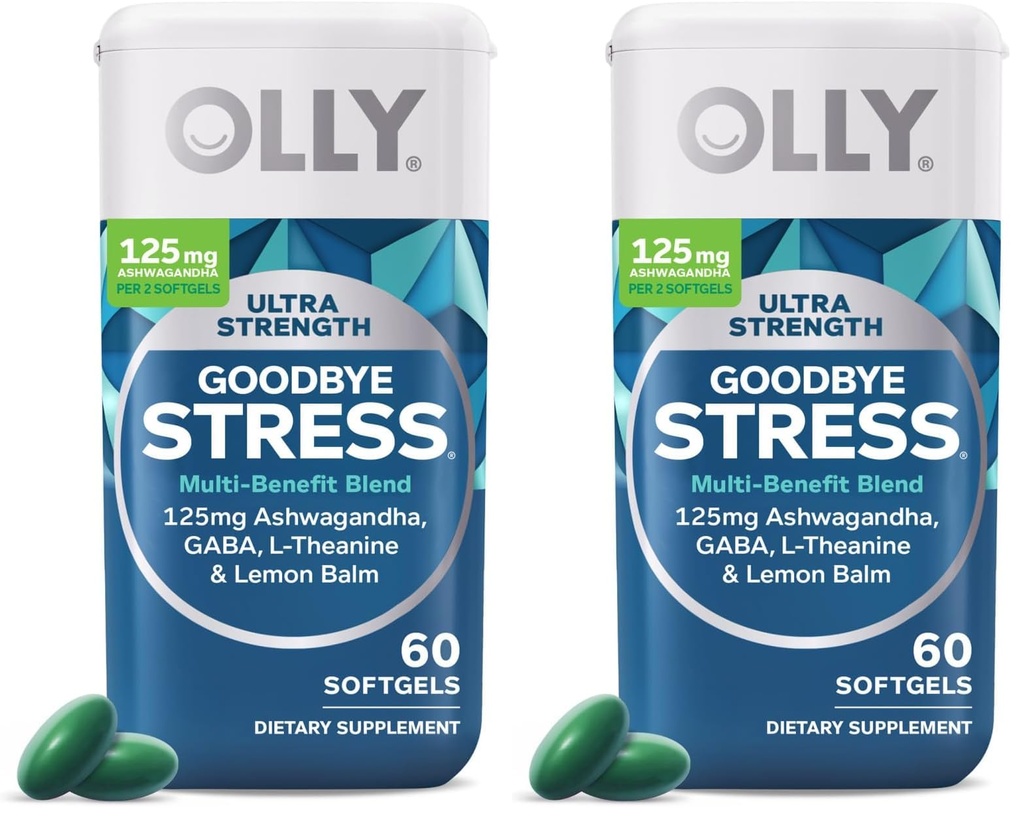OLLY Ultra Strength Goodbye Stress Softgels, GABA, Ashwagandha, L-Theanine and Lemon Balm, Stress Relief Supplement - 60 Count (Pack of 2)