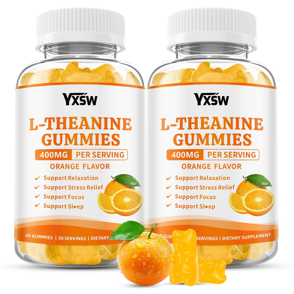 L-Theanine Gummies, Chewable L-Theanine Supplement for Adults & Kids 400mg with Ashwagandha, GABA, 5HTP for Relax, Zzz & Focus Support, Orange Flavor, 120 Counts