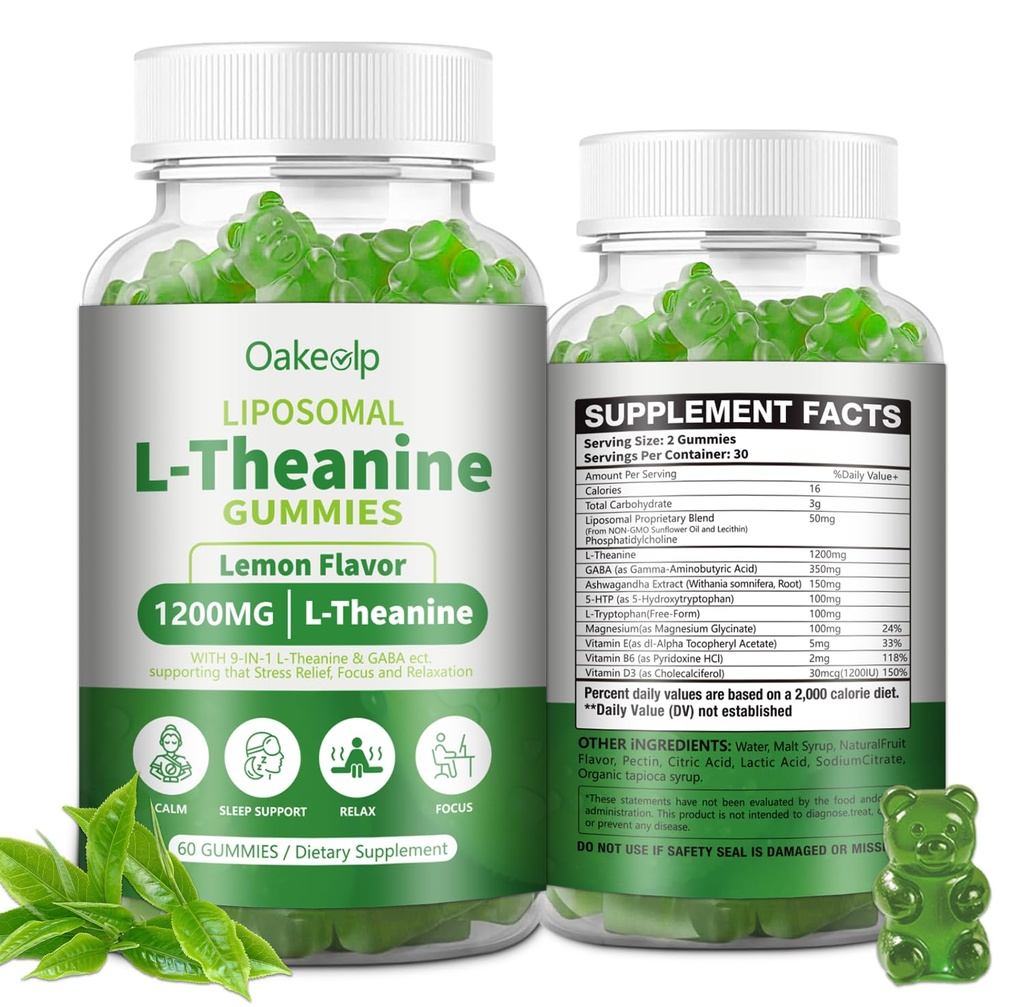Liposomal L-Theanine 1200mg Gummies,Complex Magnesium GABA,5-HTP,Ashwagandha etc for Calm, Zzz & Relaxation Support for Adults,Children & Elderly,Liposomal Enhance 98% Absorption