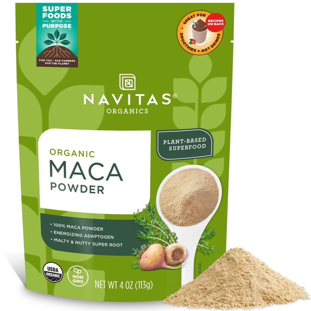 Navitas Organics Maca Powder – 100% gélatinisé Maca péruvienne pour les smoothies adaptogènes, les lattes, la cuisson et plus – Energie et équilibre - USDA Organic, non OGM, végétalien, sans gluten (4oz. Sac, 23 portions)