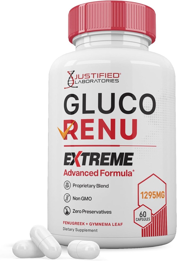 Gluco Renu Extreme 1295MG Glyco Support Pills Advacned Formula Gluo Renew Glycogen Support Formulated with Turmeric Berberine Resveratrol Garlic Bitter Melon Milk Thistle 60 Capsules