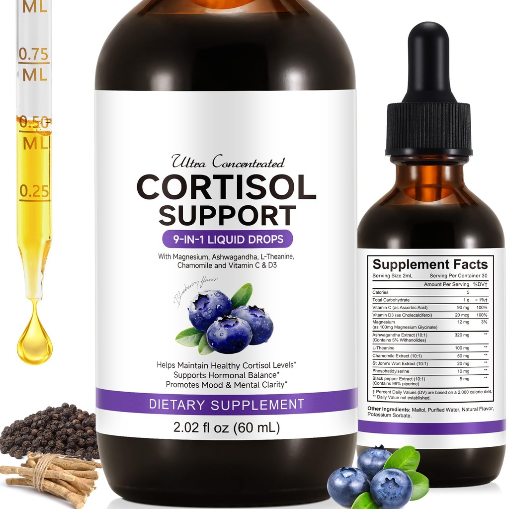 Cortisol Supplement for Women, Cortisol Support Liquid Drops with Ashwagandha, Magnesium & L-Theanine - Supports Stress Relief, Mood & Relaxation - 2.02 fl oz