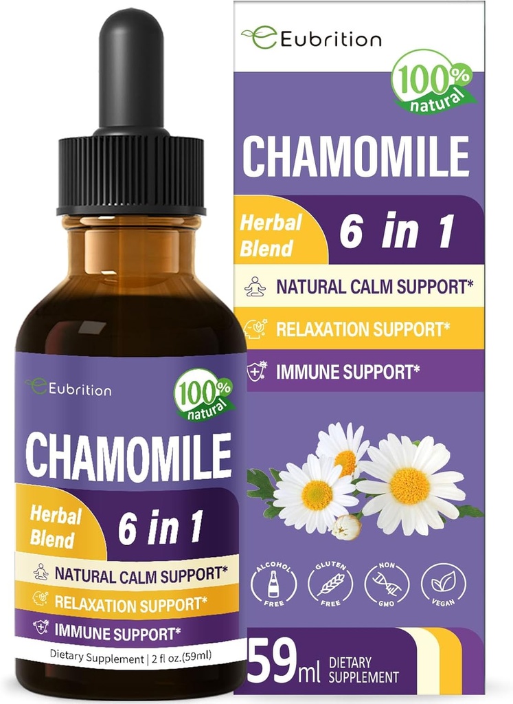 Des gouttes d'extrait de camomille, un supplément calmatif naturel de teinture à base d'herbe avec fleur de passion, millepertuis, lavande, reishi et échinacée pour le support de relaxation et le soutien immunitaire. 2 oz