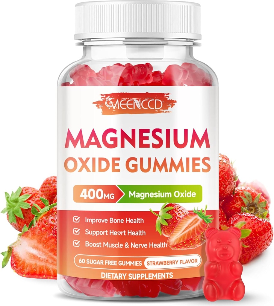 Gommies d'oxyde de magnésium 400mg, Supplément d'oxyde de magnésium à croquer pour les adultes et les enfants, support nerveux et musculaire, non-OGM, sans sucre, goût de fraise, 60 comte