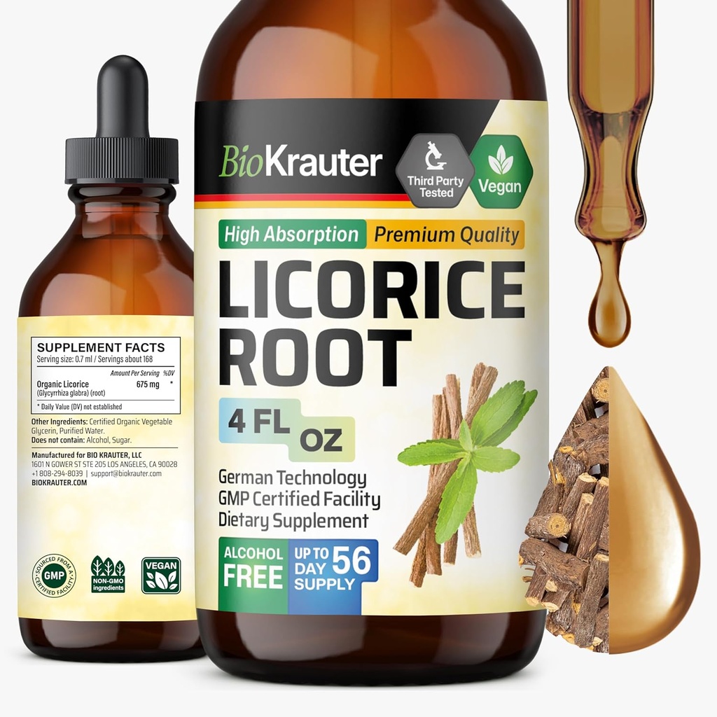 BIO KRAUTER Licorice Root Tincture - Licorice Root Extract for Digestive Support - Alcohol and Sugar Free - Vegan Drops 4 Fl.Oz.