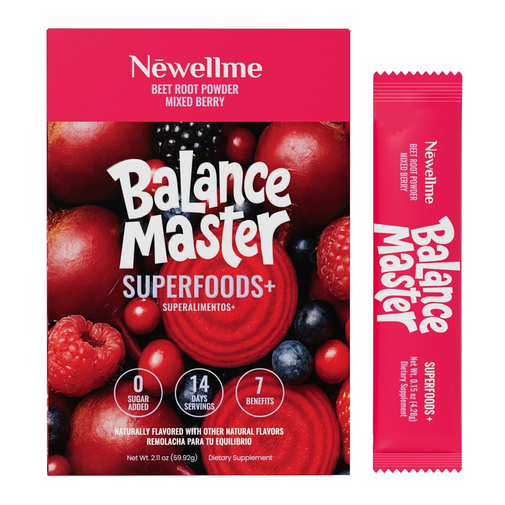 NEWELLME Balance Master Organic Raw Beet Root Powder - Super Reds Superfood for Heart & Energy, Smoothies, Baking & Juice, Natural Red Food Coloring, Mixed Berry, Sugar Free, Non-GMO, 14 Stick Packs