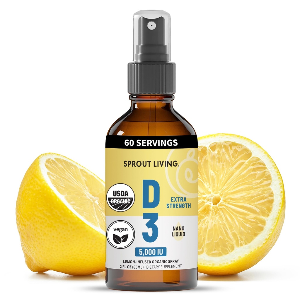 Sprum Living Vitamine biologique D3 5000 UI (Lichen) Spray pour le soutien immunitaire et la santé des os.