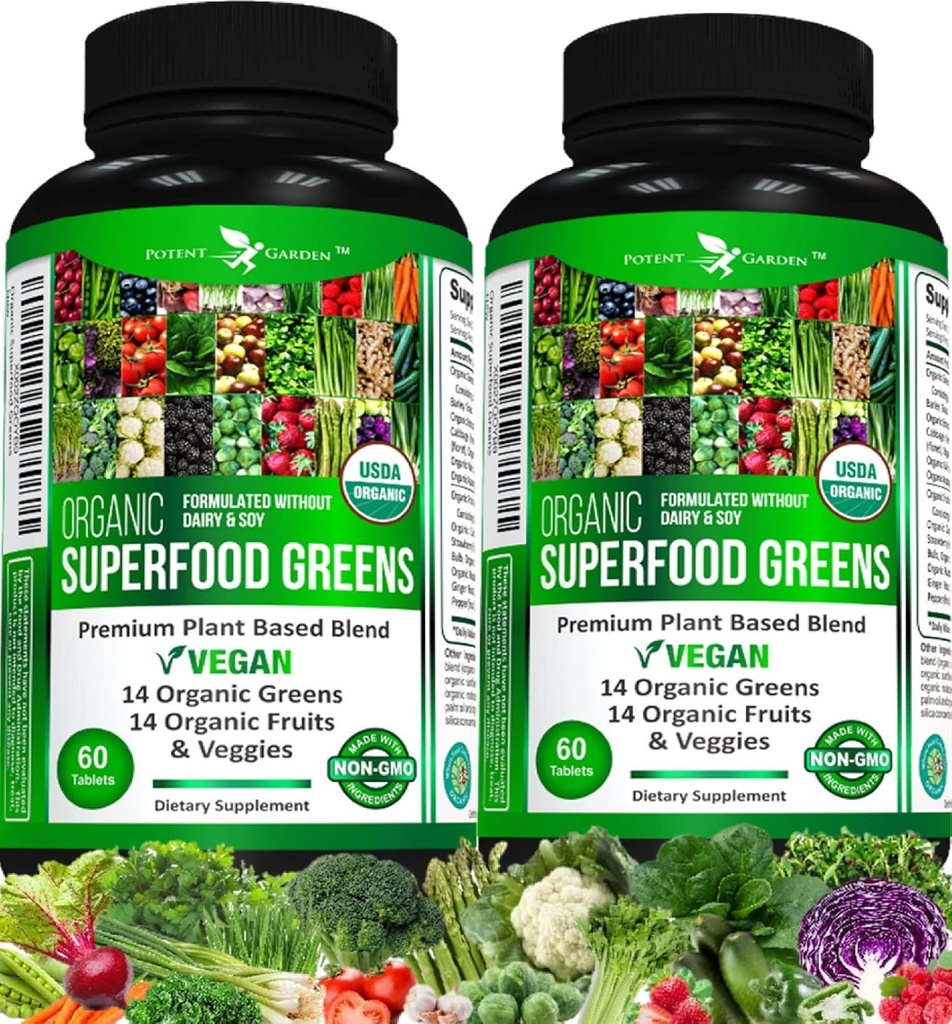 Potent Garden 2-Pack Bio Superfood Greens, Fruits et Veggie Supplément Riche en vitamines et antioxydants avec Alfalfa, Beet Root & Tart Cherry pour stimuler l'énergie, l'immunité et la santé de Gut, 120 Ct