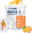 Supplément d'huile de poisson Coromega Omega 3, 650mg de Omega-3s avec 3X meilleure absorption que les softgels, Arôme orange, 120 Packets à coupe unique