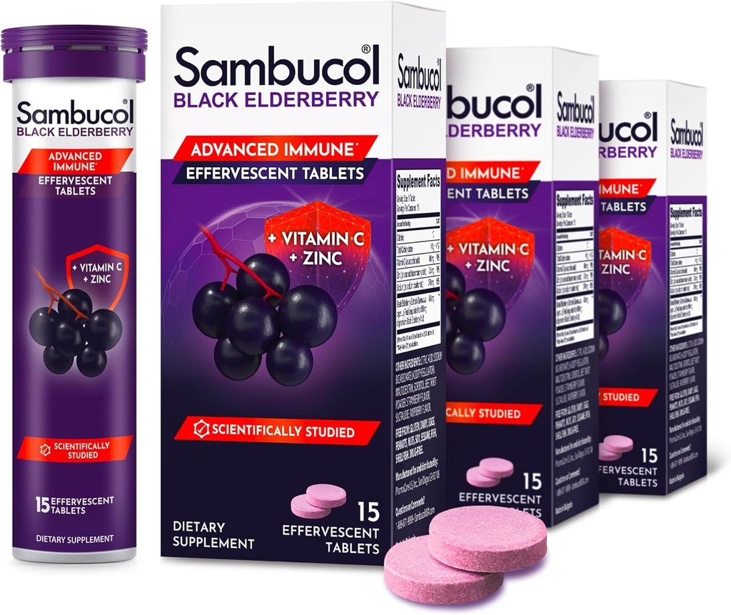 Comprimés d'aileron noir de Sambucol avec vitamine C et zinc - supplément de soutien immunitaire, aileron noir avec zinc et vitamine C comprimés effervescents, antioxydants élevés, boissons fizzies - 15 comprimés