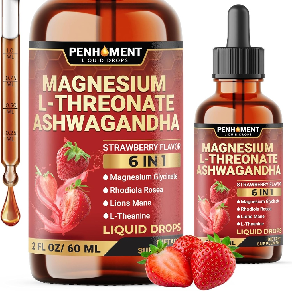 6en1 Magnésium L-Thréonate gouttes liquides avec Ashwagandha, Magnésium Glycinate et 3 Plus - Soutien du cerveau et Immune - 2 Fl Oz pendant 30 jours - Fraise Flavor