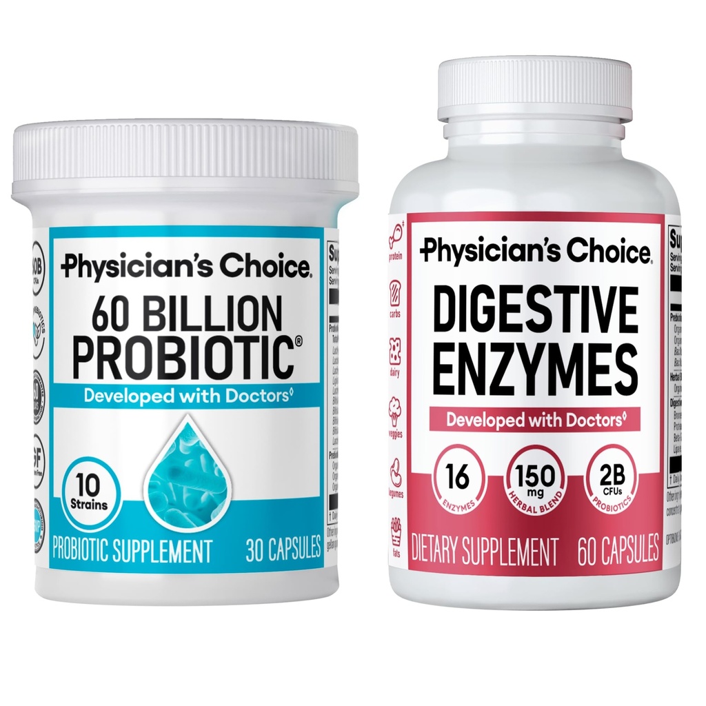 CHOIX du physicien - Bundle de santé optimale Gut : 60 milliards de probiotiques + enzymes digestives pour le confort digestif et le soutien immunitaire