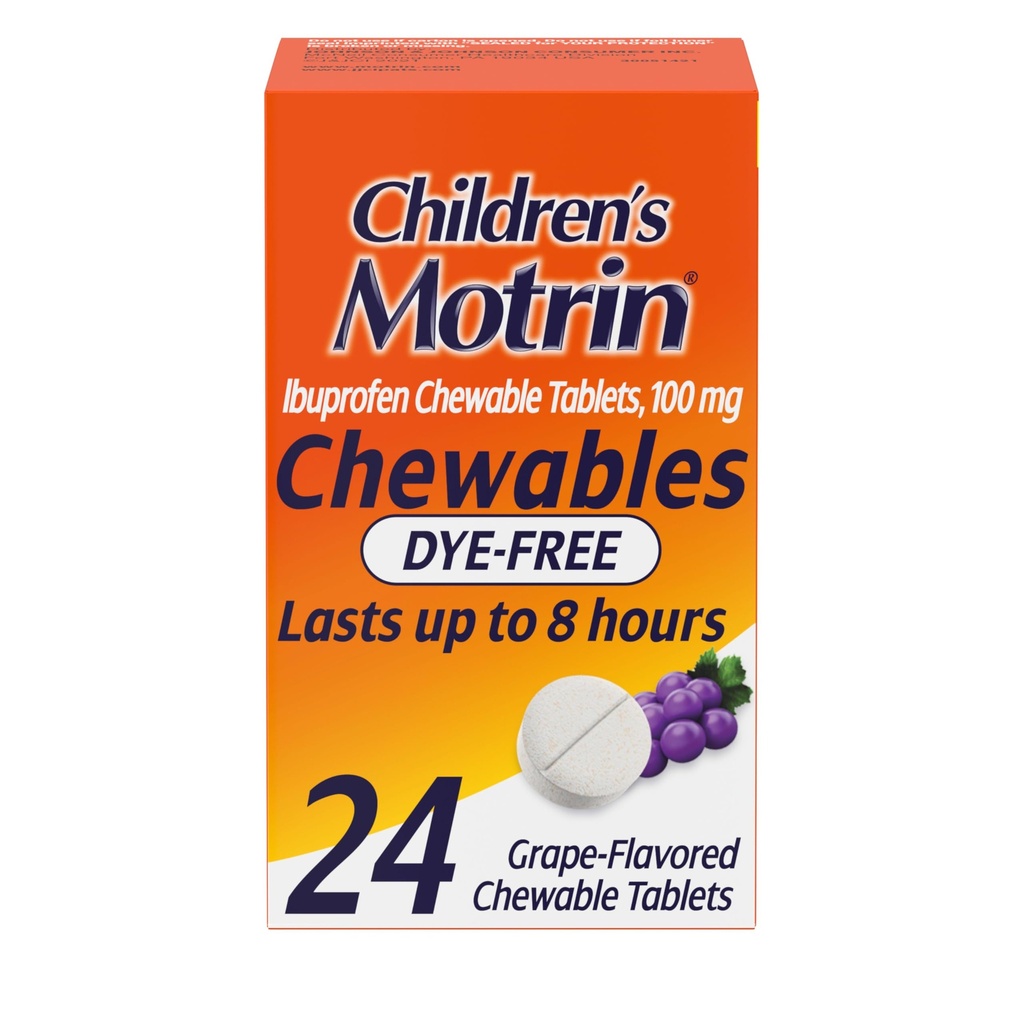 Motrin Children's Dye-Free Chewable Tablets with Ibuprofen, Kids' Fever Reducer & Pain Reliever for Sore Throat, Fever, Toothache & Pain Relief, Grape Flavor, 24 Ct