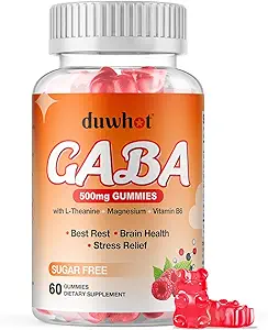 Gommies GABA 500mg pour l'équilibre de cortisol, Gommies anti-stress pour adultes Sommeil, Cerveau, Soutien immunitaire, Gommies GABA Supplément à croquer avec L-Theanine & Magnésium & Vitamine B6, Sans sucre, Vegan, 60