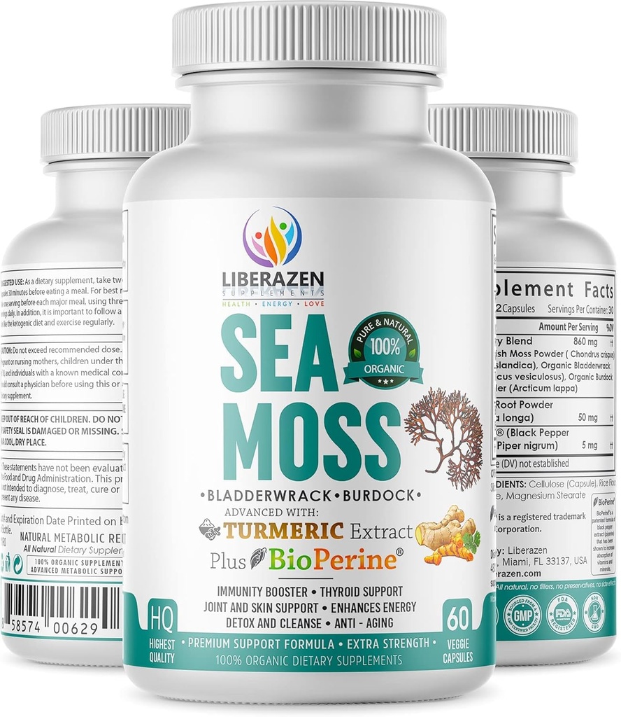 Pilules de mousse de mer irlandaise biologique - Wildcrafted Dr Sebi Inspired Seamoss Blend avec Turmeric, Burdock Root & Bladderwrack, amélioré avec le poivre noir - 60 capsules
