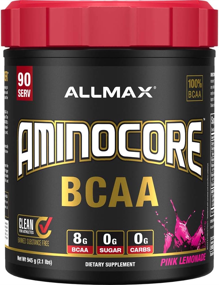 ALLMAX Nutrition AMINOCORE BCAA, Lémonade rose - 945 g Poudre - 8.18 Grams d'acides amin à chaîne ramifiée par portion - avec des vitamines B - Pas de remplissage ou non BCAA Aminos - Sans sucre - 90 portions
