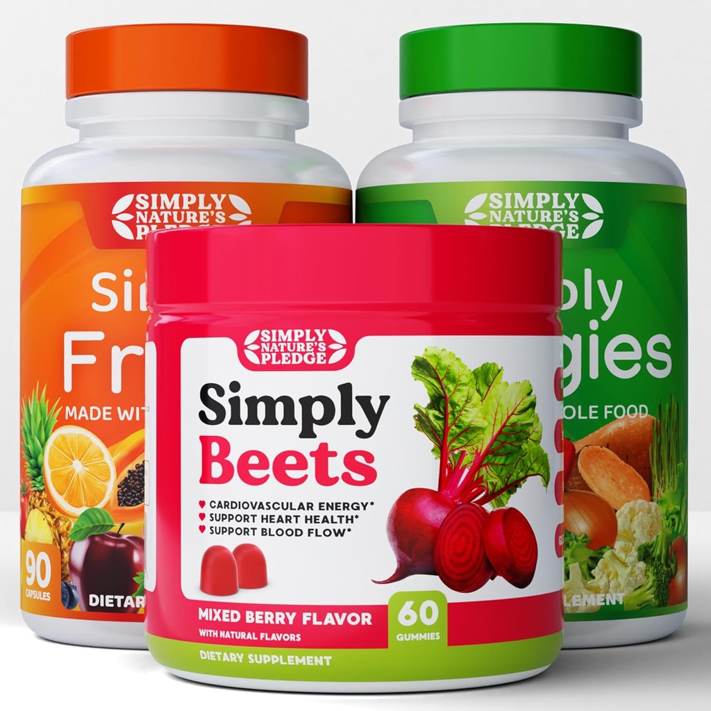 Simply Nature's Pledge - Suppléments Fruits et Légumes - 90 capsules de légumes et 90 capsules de fruits - Betteraves Gummy - 60 Comte - Combo - 30 jours d'approvisionnement de chacun