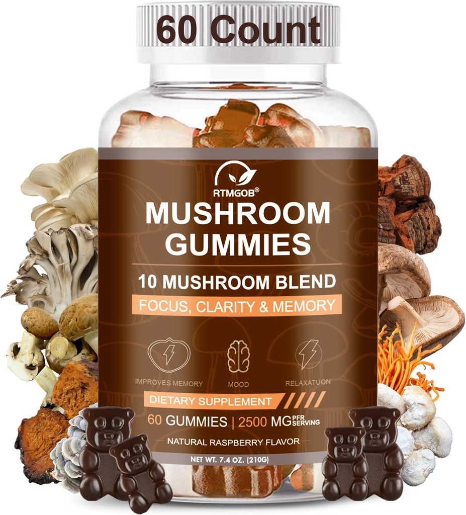 Mushroom Gummies, 10-in-1 Blend, Turkey Tail, Chaga, Reishi, Cordyceps & Lions Mane Organic Mushroom Extracts, Nootropic Brain Booster for Focus, Memory, Clarity- 60 Count