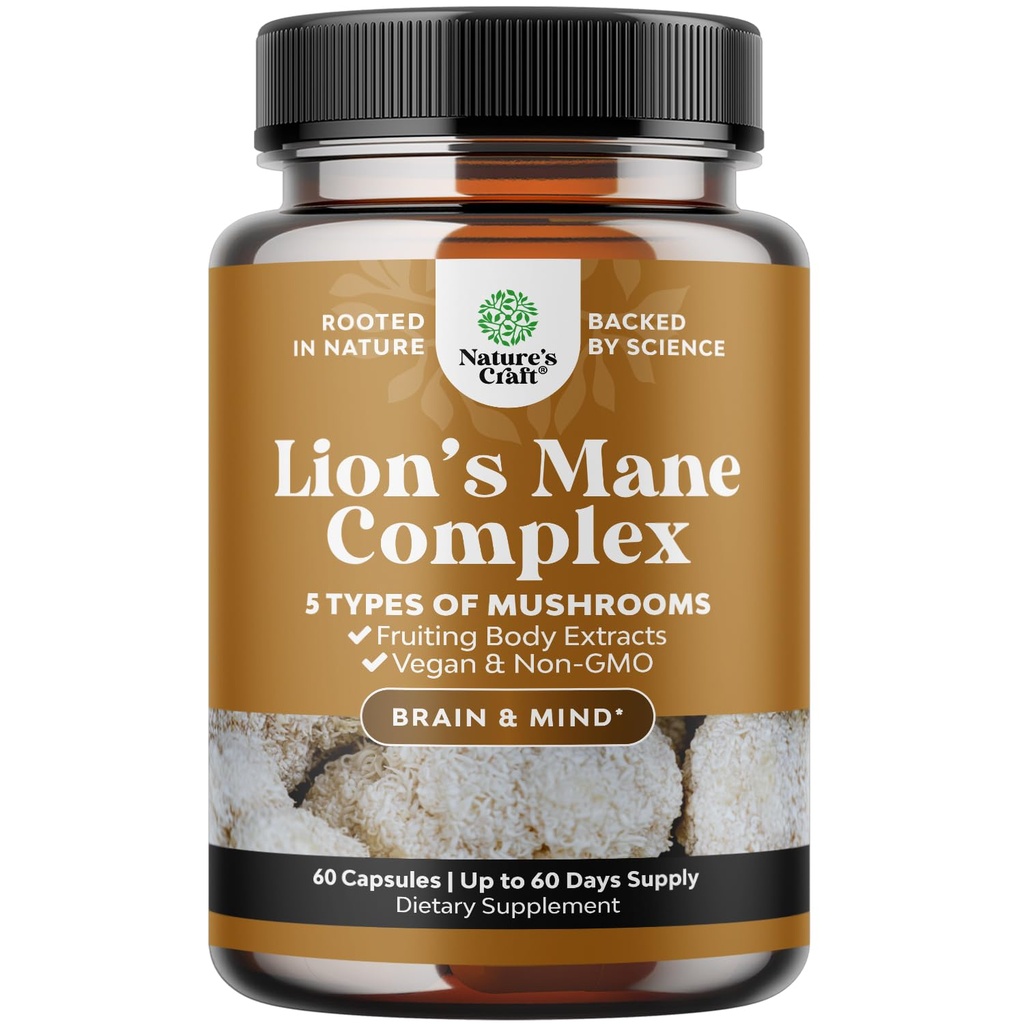Advanced Lion's Mane Mushroom Supplement - Lions Mane Supplement Capsules with Reishi, Chaga, Maitake & Shiitake for Brain Health Memory Support & Focus - Nootropic for Mental Clarity - 60 Caps