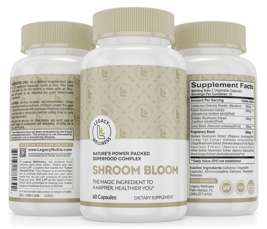 Shroom Bloom Mushroom Supplement - 10 Mushrooms Complex - Lions Mane, Reishi, Chaga, Cordyceps - Nootropic Brain Supplements Memory & Focus - Immune Booster - Natural Energy & Calm Focus Pills