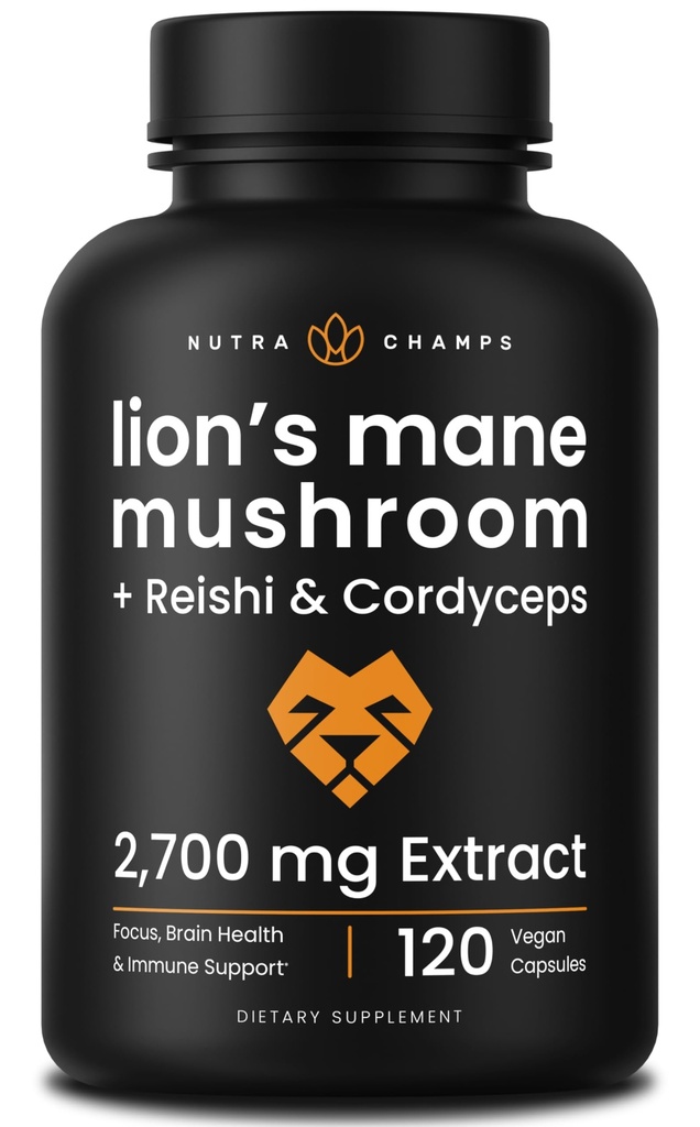 NutraChamps Organic Lions Mane Mushroom Supplement (2 Month Supply - 120 Count) Mental Clarity, Memory & Focus Supplement, Supports Immune System & Brain Health
