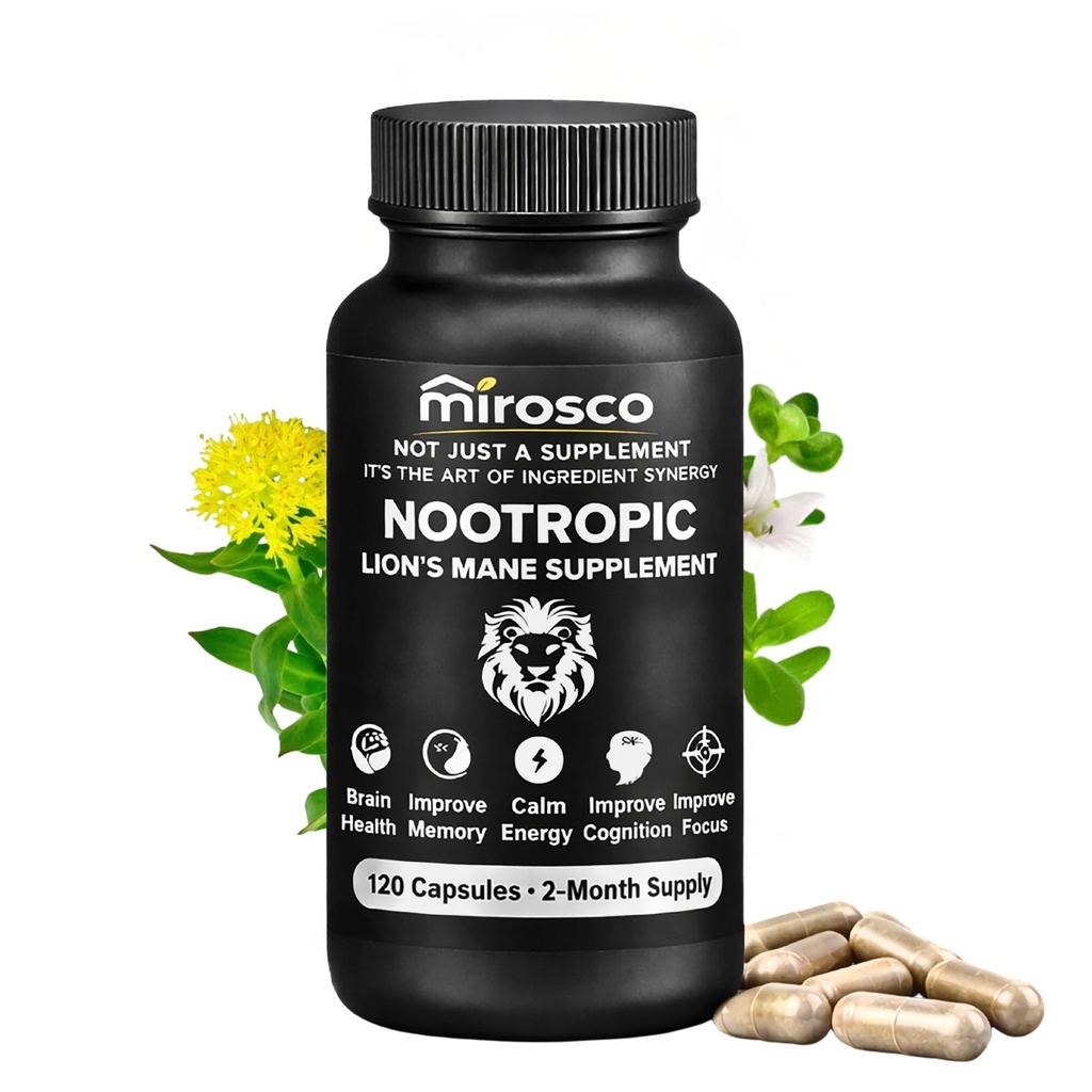 Organic Lions Mane Supplements Capsules with Mushroom Extract, Rhodiola Bacopa & L-Theanine - Lions Mane Capsules Brain Support for Memory Calm Energy & Clarity – Vegan, Non-GMO -120 Capsules