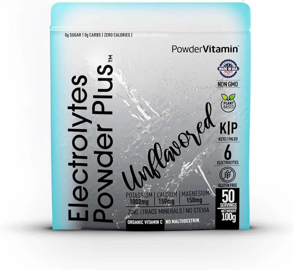 PoudreVitamine Electrolytes Poudre Plus (50 portions) Poudre d'électrolyte non aromatisée Keto, sans sucre, sel rose himalayen.,1000mg Potassium,150mg Calcium,150mg Magnésium, NO Stevia