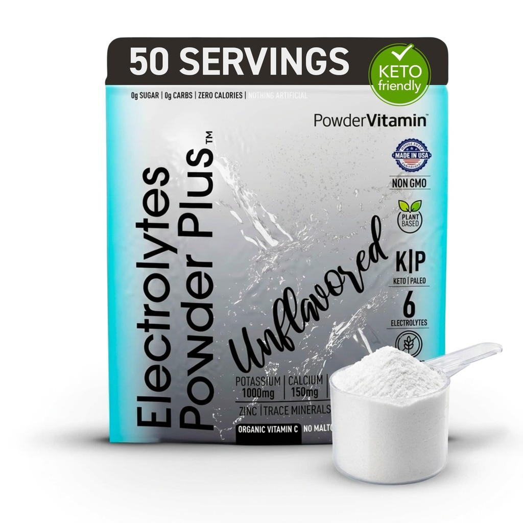 PowderVitamin Electrolytes Powder Plus (50 Servings) Unflavored Electrolyte Powder Keto, Sugar Free, Pink Himalayan Salt.,1000mg Potassium,150mg Calcium,150mg Magnesium, NO Stevia