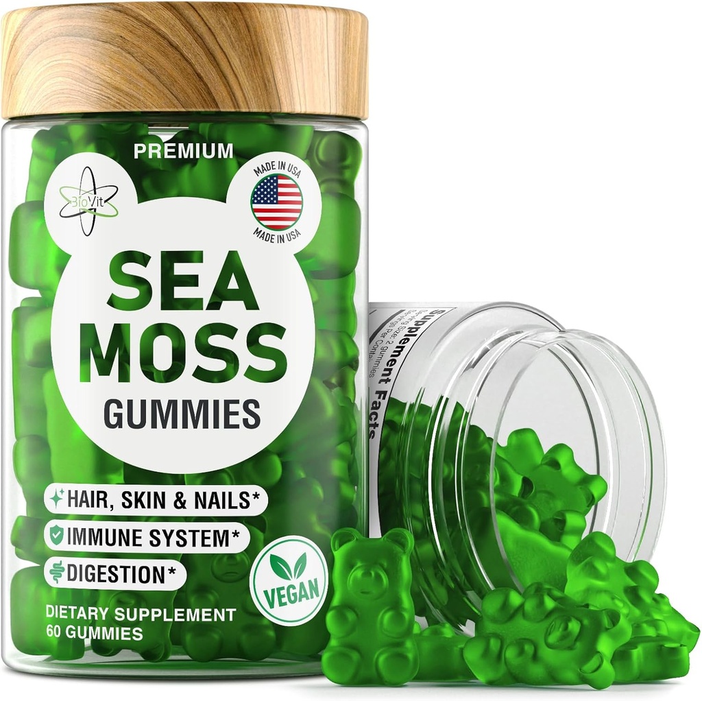 BioVit Mousse de mer Gummies - Wildcrafted Irish Mousse de mer pour les adultes et les enfants - Gel Seamoss avec Bladderwrack & Burdock Root Extract - 60 Gommies végétaliens