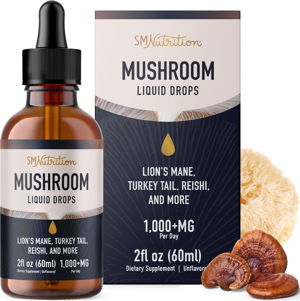 Champignons Liquid Drops Complex (complexe des gouttes liquides) Lions Lamane Supplément avec la dinde Tail Mushroom, Reishi, Shiitake & Plus Support Fonction cognitive, mémoire et focus (non-OGM, sans soja) 2 Fl Oz, 60 portions