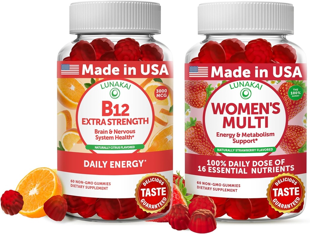 Lunakai Vitamine B12 and Women's Multivitamin Gummies Bundle - 3000mcg Methylcobalamine High Absorption Energy Gummy - 100% de la valeur quotidienne de 16 vitamines et minéraux essentiels Supplément - 30 jours d'approvisionnement