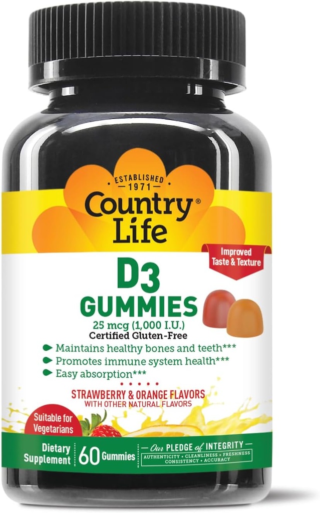 Country Life Vitamine D3 Gummies – 1000 UI Cholecalciferol, 60 Compte – Soutient la santé des os et des immunes – Végétarien, sans gluten, fraise et arômes d'orange – Pectine-basée, pas d'édulcorants artificiels