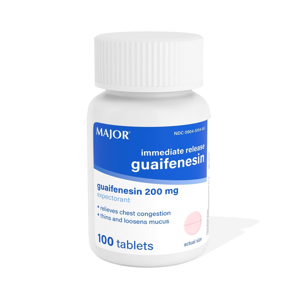 Libération immédiate majeure Guaïfènesine - Soulage la congestion thoracique, les reins et le mucus des losens - 200 mg - 100 comprimés