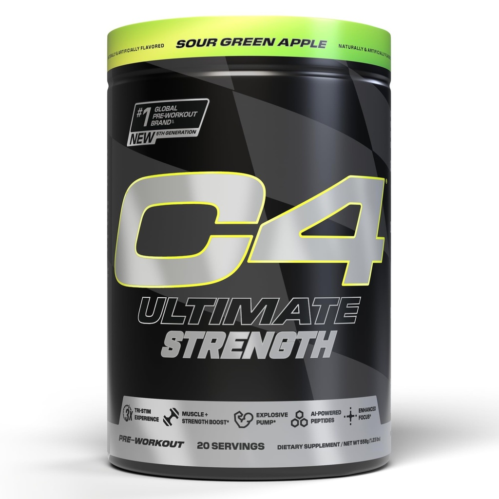Cellucor C4 Ultimate Strength Pre Workout Powder - Tri-Stim Experience 300mg Caféine+TeaCrine+Dynamine - Créatine & Beta-Alanine - Supplément énergie pour les hommes et les femmes - Pomme verte aigre, 20 portions