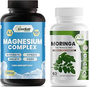 Supplément de magnésium avec Glycinat, Citrate, Malate et Oxide Plus Moringa Oleifera avec vitamine C, Omega 3 et acides aminés - stimule l'énergie, l'humeur, la mémoire