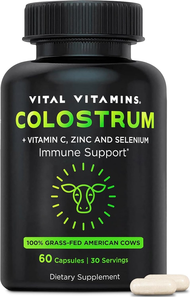 Vitamines vitales Supplément de colostrum - Vitamine C, zinc et sélénium - de première traite - Standardisé pour contenir 10 % d'IgG Immunoglobulines - Vaches américaines alimentées à l'herbe - 60 capsules