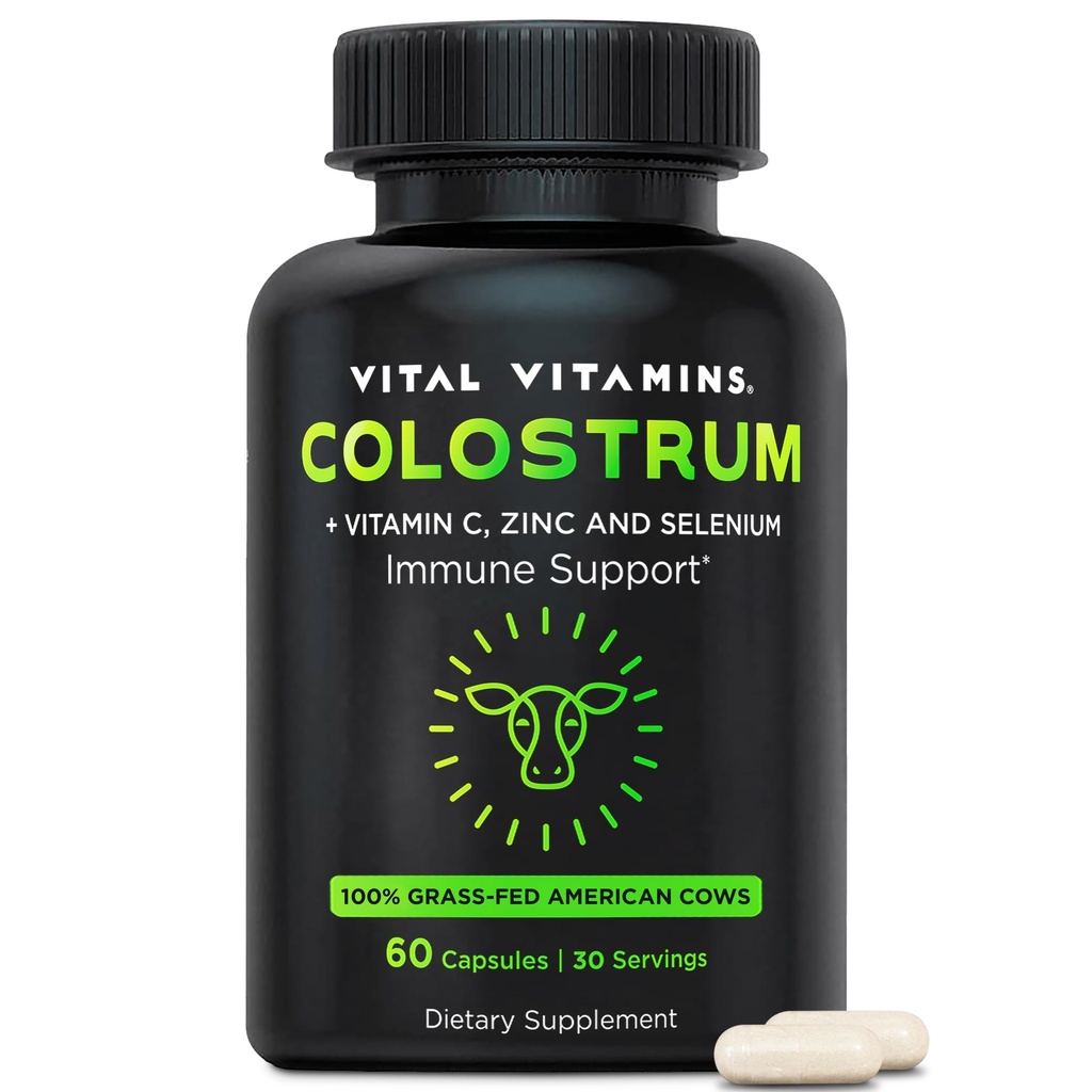 Vitamines vitales Supplément de colostrum - Vitamine C, zinc et sélénium - de première traite - Standardisé pour contenir 10 % d'IgG Immunoglobulines - Vaches américaines alimentées à l'herbe - 60 capsules
