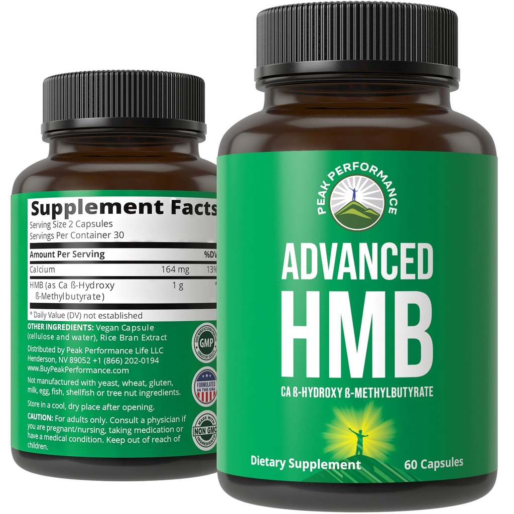 Peak Performance Advanced HMB Supplement - 1000mg of Pure HMB Per Serving - Calcium Beta-Hydroxy Beta-Methylbutyrate - Muscle Building, Strength, Recovery & Lean Mass for Men & Women - 60 Capsules