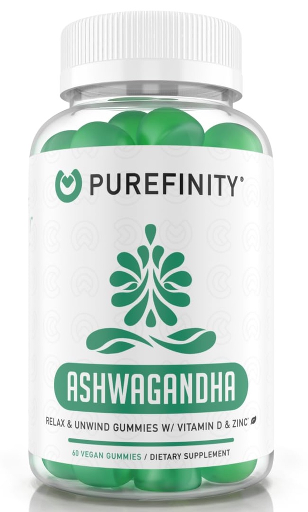 PUREFINITY Ashwagandha Gummies avec vitamine D et zinc – Supplément pour la relaxation, le calmant et le soutien de l'humeur – sans gluten, non-OGM, végétalien, 60 comte