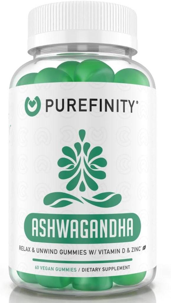 PUREFINITY Ashwagandha Gummies avec vitamine D et zinc – Supplément pour la relaxation, le calmant et le soutien de l'humeur – sans gluten, non-OGM, végétalien, 60 comte