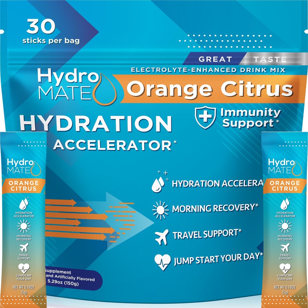 HydroMATE Electrolytes Powder with Low Sugar - 30 Count Instant Hydration Packets with Vitamin C Orange to Boost Energy - Low Sugar Electrolytes Powder Packets to Support Hydration Fast Party Recovery
