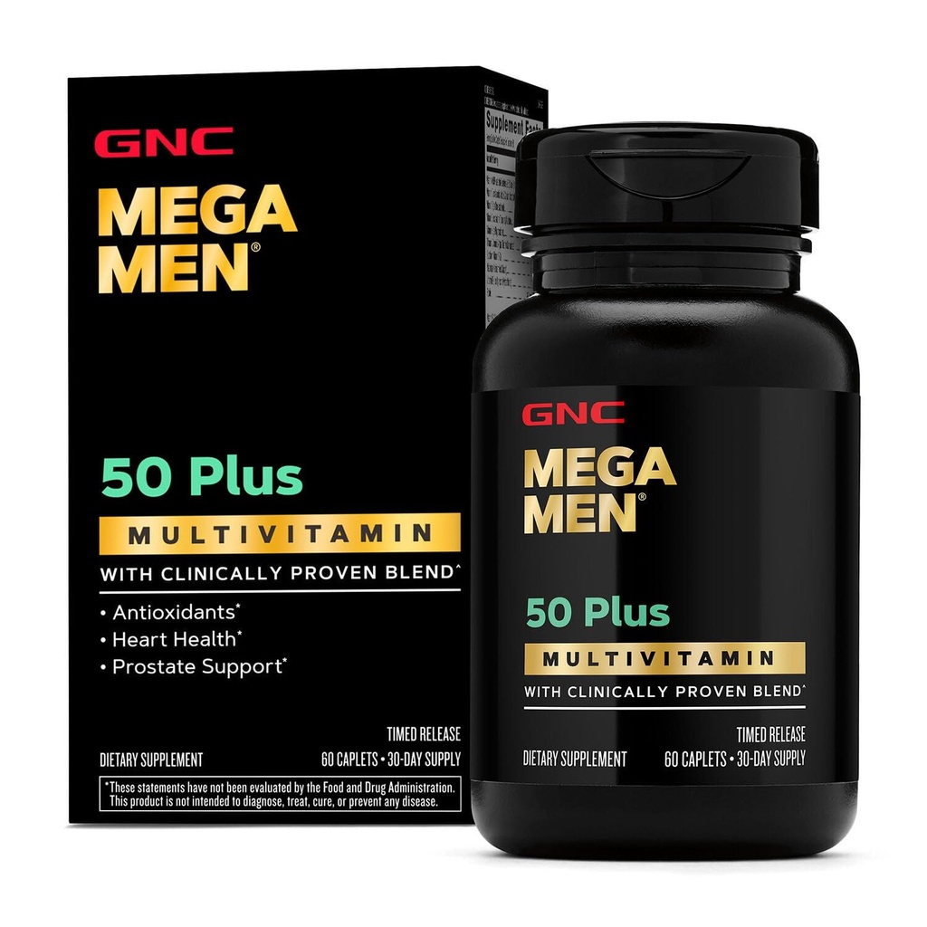 GNC Mega Hommes 50 Plus Caplets multivitamines, cliniquement prouvés, santé du coeur et de la prostate, vitamines B, Palmetto de scie, mémoire, vitamine D-3, compte 60