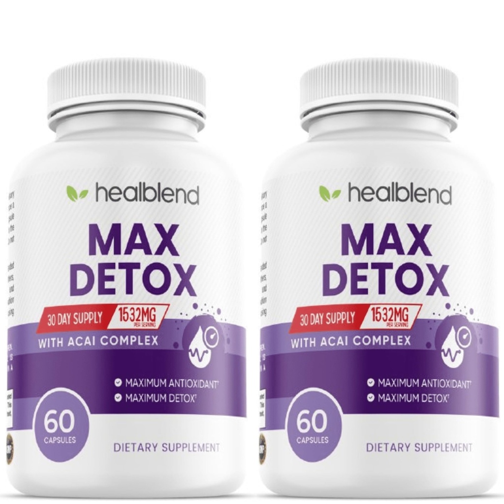 Max Detox Supplement, Advanced Gut Cleanse Detox for Women & Men with Psyllium, Chlorella, Hyssop Herb & Papaya, with Acai Complex - Colon Cleanse - 60 Capsules (1) (2)