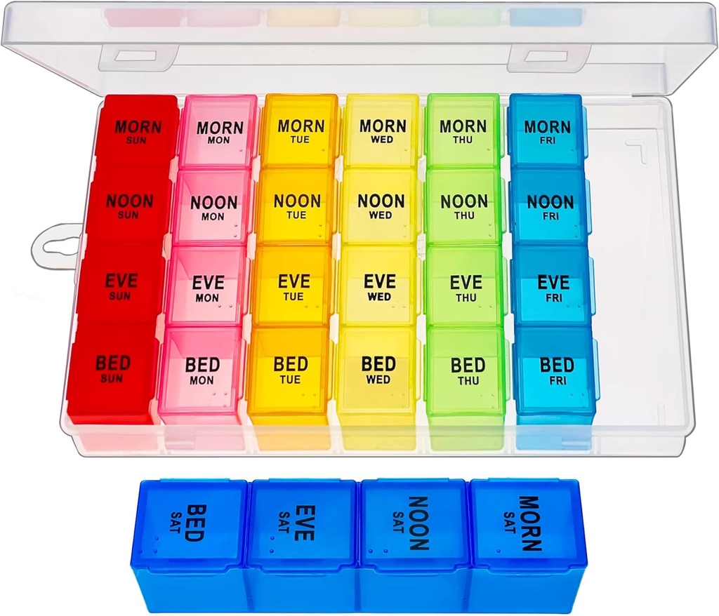 Weekly Pill Organizer 4 Times a Day, Medicine Organizer Box, Travel Daily Pill Box Organizer 7 Day, Pill Case, Pill Container Holder for Hold Vitamins/Fish Oils.