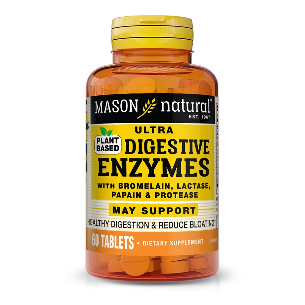 Enzymes ultra digestifs à base de plantes MASON NATURALES avec bromélaine, lactase, papaine et protéase - soutient une digestion saine et peut réduire le bloom, 60 gélules
