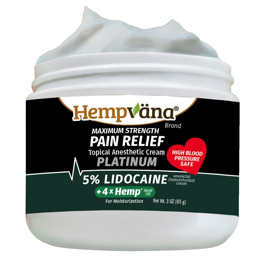 Hempvana Platinum 5% Lidocaine Relief Cream, Maximum Strength, AS SEEN ON TV, Strongest Cream, Numbs Irritated Nerves for Fast Relief, Non-Greasy. Targeted Long-Lasting Relief. Enriched with Hemp