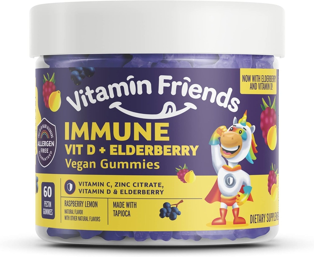 Vitamin Friends - Elderberry, Vitamin C Gummies - Vegan Immune System Booster Blended Supplements - Health Support w/ Zinc Citrate & Vitamin D - Advanced Immune Support - 30 Day Supply – 1 Pack