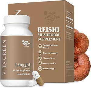 Vita Green Lingzhi Supplément de champignons - Immune Support & Capsules d'énergie naturelle - Red Reishi Poudre de champignons - Pure 5 Defenders Blend - 60 Capsules